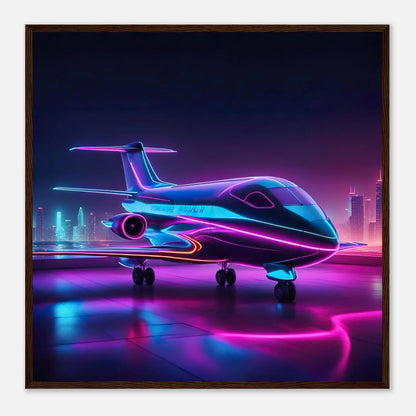 Gerahmtes Premium-Poster -Futuristisches Flugzeug- Neon Stil, KI-Kunst - RolConArt, Neon, 70x70-cm-28x28-Dunkler-Holzrahmen