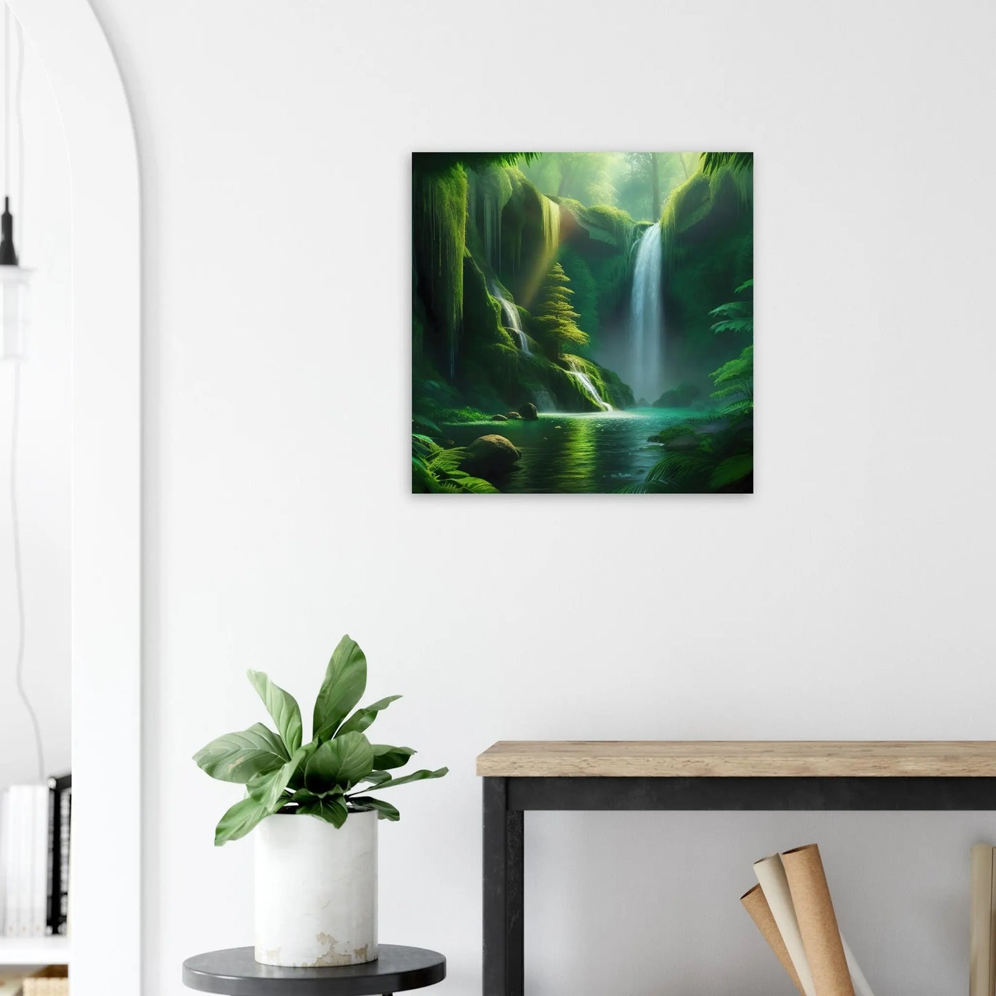 Moderner Forex-Druck - Wasserfall im Wald - Foto Stil, KI-Kunst - RolConArt, Landschaften, 60x60-cm-24x24-Schwarz