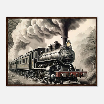 Gerahmtes Premium-Poster - Dampflokomotive - Schwarz-Weiß, KI-Kunst - RolConArt, Schwarz-Weiß mit Akzentfarben, 60x80-cm-24x32-Dunkler-Holzrahmen