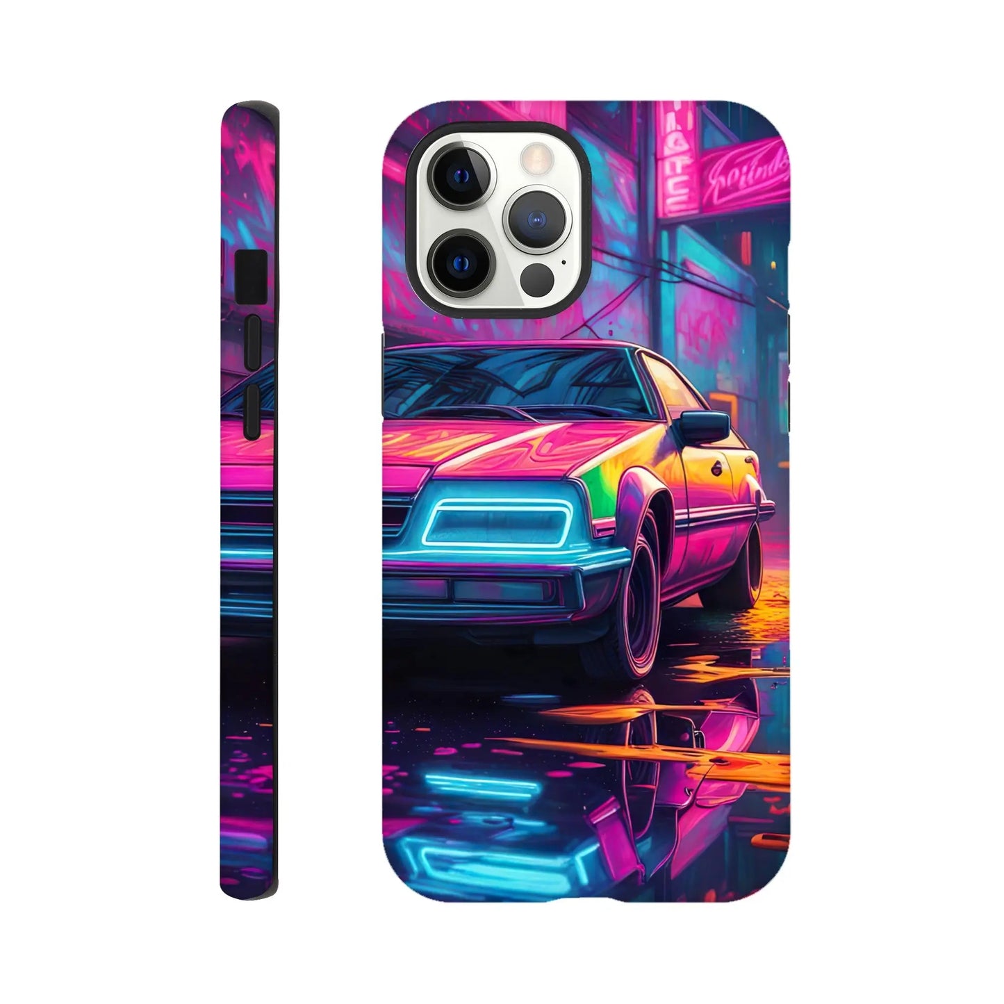 Smartphone-Hülle "Hart" - Retro Auto - Neon Stil, KI-Kunst RolConArt, Neon, iPhone-12-Pro-Max