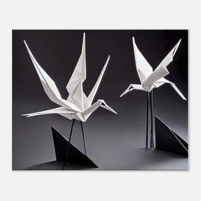 Leinwandbild - Zwei Kraniche - Schwarz-Weiß, Origami Stil, KI-Kunst - RolConArt, Origami Kunst, 60x75-cm-24x30