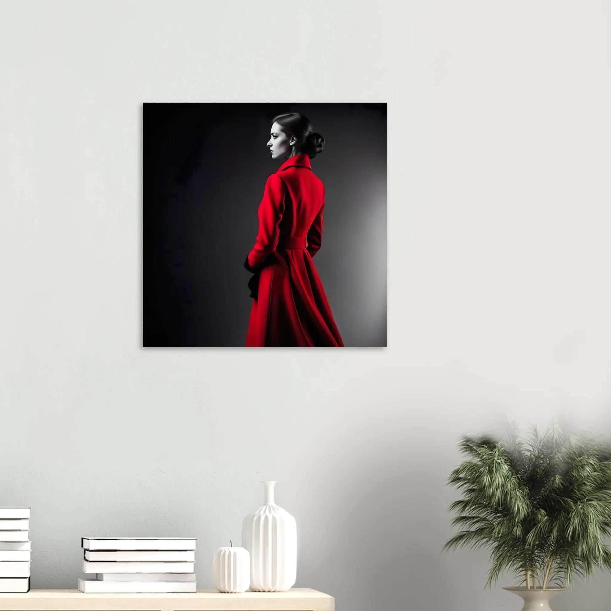 Moderner Forex-Druck - Frau im roten Mantel - Schwarz-Weiß, KI-Kunst RolConArt