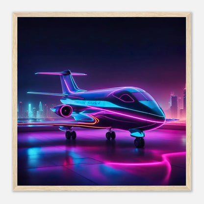 Gerahmtes Premium-Poster -Futuristisches Flugzeug- Neon Stil, KI-Kunst - RolConArt, Neon, 50x50-cm-20x20-Holzrahmen