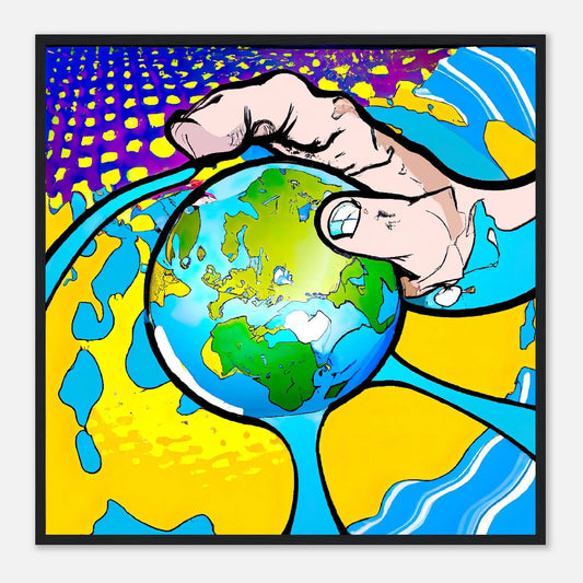 Gerahmtes Premium-Poster - Planet in der Hand - Cartoon Stil, KI-Kunst - RolConArt, Cartoon, 70x70-cm-28x28-Schwarz