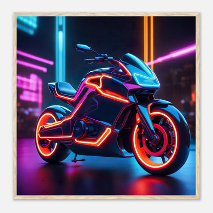 Gerahmtes Premium-Poster -Futuristisches Motorrad- Neon Stil, KI-Kunst - RolConArt, Neon, 70x70-cm-28x28-Holzrahmen