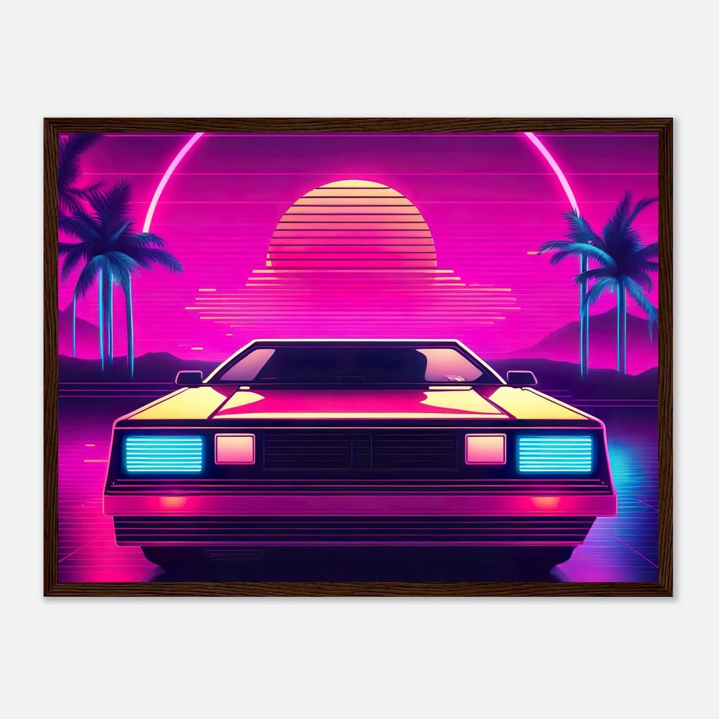 Gerahmtes Premium-Poster - Retro Auto - Neon Stil, KI-Kunst - RolConArt, Neon, 45x60-cm-18x24-Dunkler-Holzrahmen