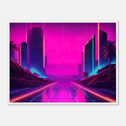 Gerahmtes Premium-Poster - Stadtlandschaft - Neon Stil, KI-Kunst - RolConArt, Neon, 60x80-cm-24x32-Weißer-Rahmen