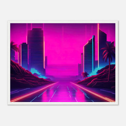 Gerahmtes Premium-Poster - Stadtlandschaft - Neon Stil, KI-Kunst - RolConArt, Neon, 45x60-cm-18x24-Weißer-Rahmen