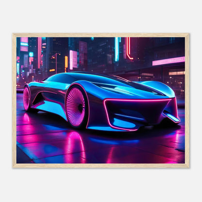 Gerahmtes Premium-Poster -Futuristisches Fahrzeug- Neon Stil, KI-Kunst - RolConArt, Neon, 45x60-cm-18x24-Holzrahmen