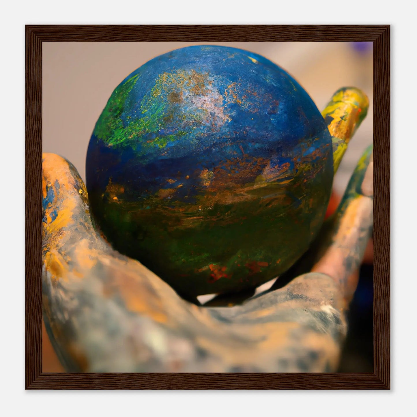 Gerahmtes Premium-Poster - Planet in der Hand - Foto Stil, KI-Kunst - RolConArt, Fotokunst - Kreative Vielfalt, 30x30-cm-12x12-Dunkles-Holz