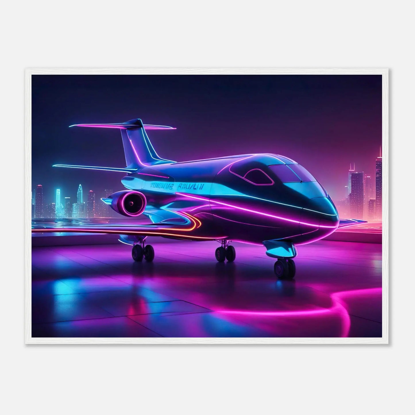 Gerahmtes Premium-Poster -Futuristisches Flugzeug- Neon Stil, KI-Kunst - RolConArt, Neon, 60x80-cm-24x32-Weißer-Rahmen