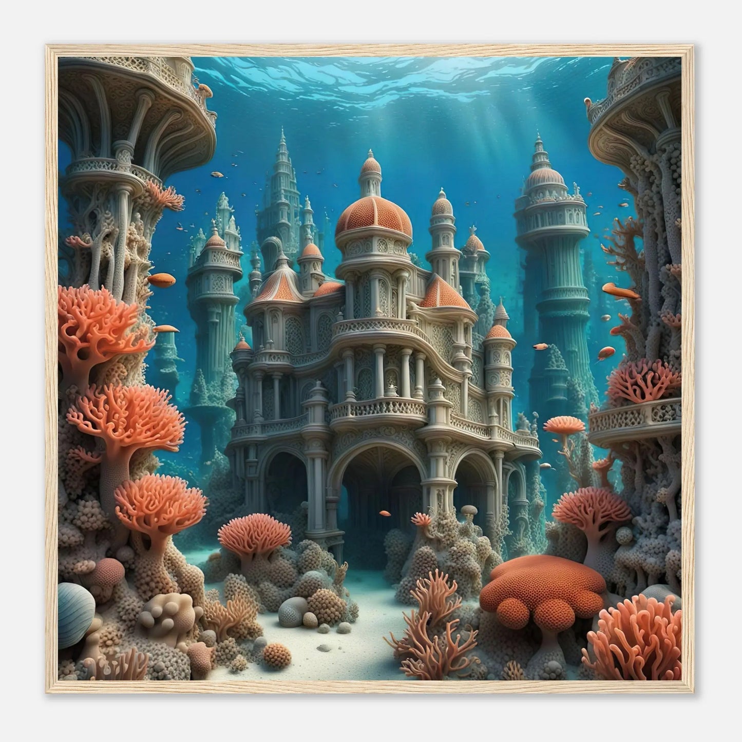 Gerahmtes Premium-Poster - Unterwasserwelt - Digitaler Stil, KI-Kunst - RolConArt, Unterwasserlandschaften, 70x70-cm-28x28-Holzrahmen