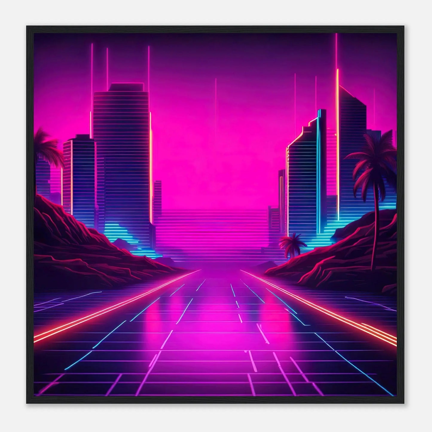 Gerahmtes Premium-Poster - Stadtlandschaft - Neon Stil, KI-Kunst - RolConArt, Neon, 70x70-cm-28x28-Schwarzer-Rahmen