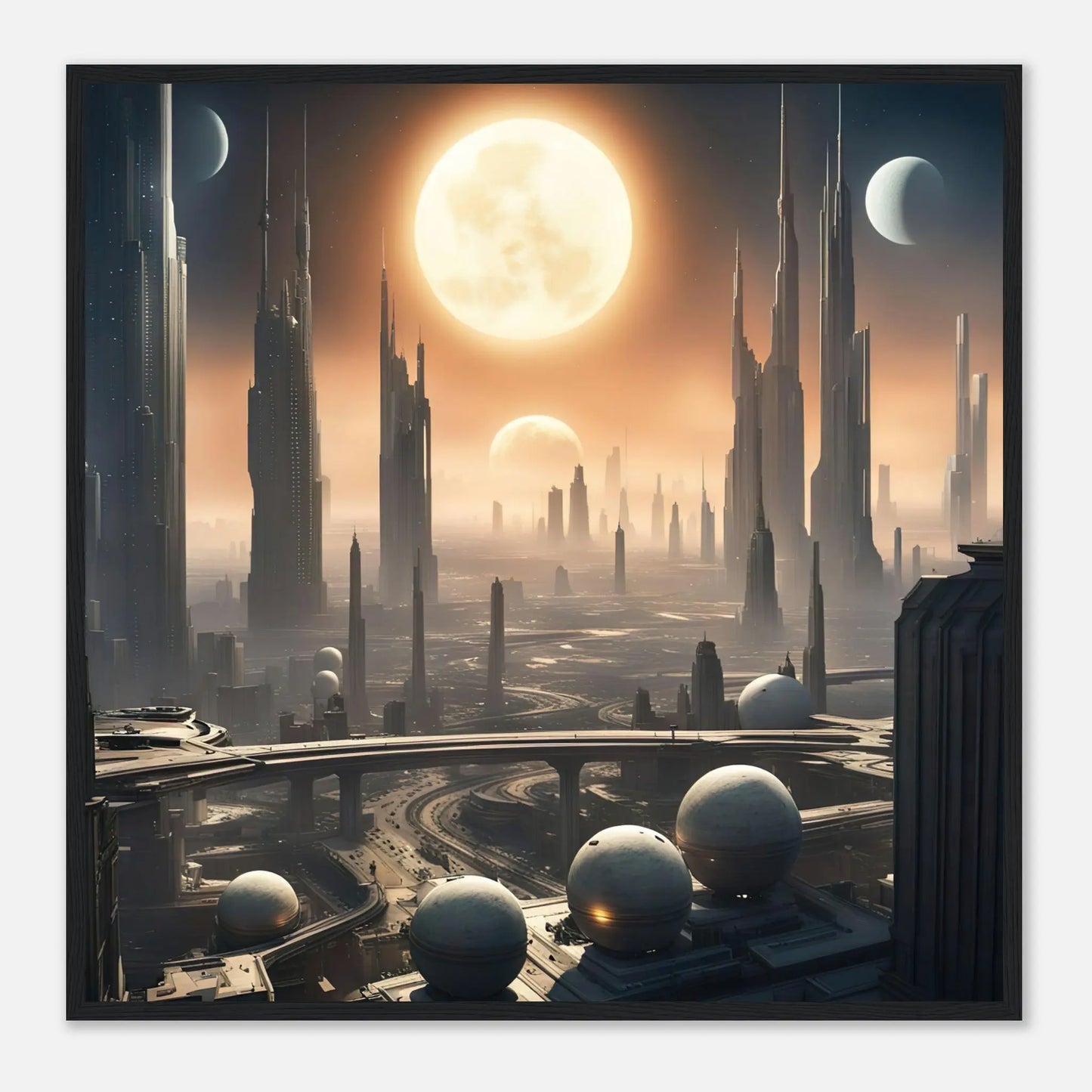 Gerahmtes Premium-Poster -Futuristische Welt- Digitaler Stil, KI-Kunst - RolConArt, Sci-Fi, 70x70-cm-28x28-Schwarzer-Rahmen