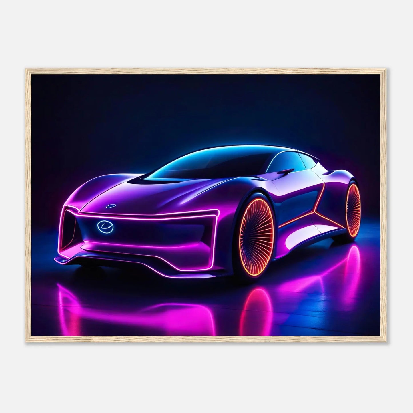 Gerahmtes Premium-Poster -Futuristisches Fahrzeug- Neon Stil, KI-Kunst - RolConArt, Neon, 60x80-cm-24x32-Holzrahmen
