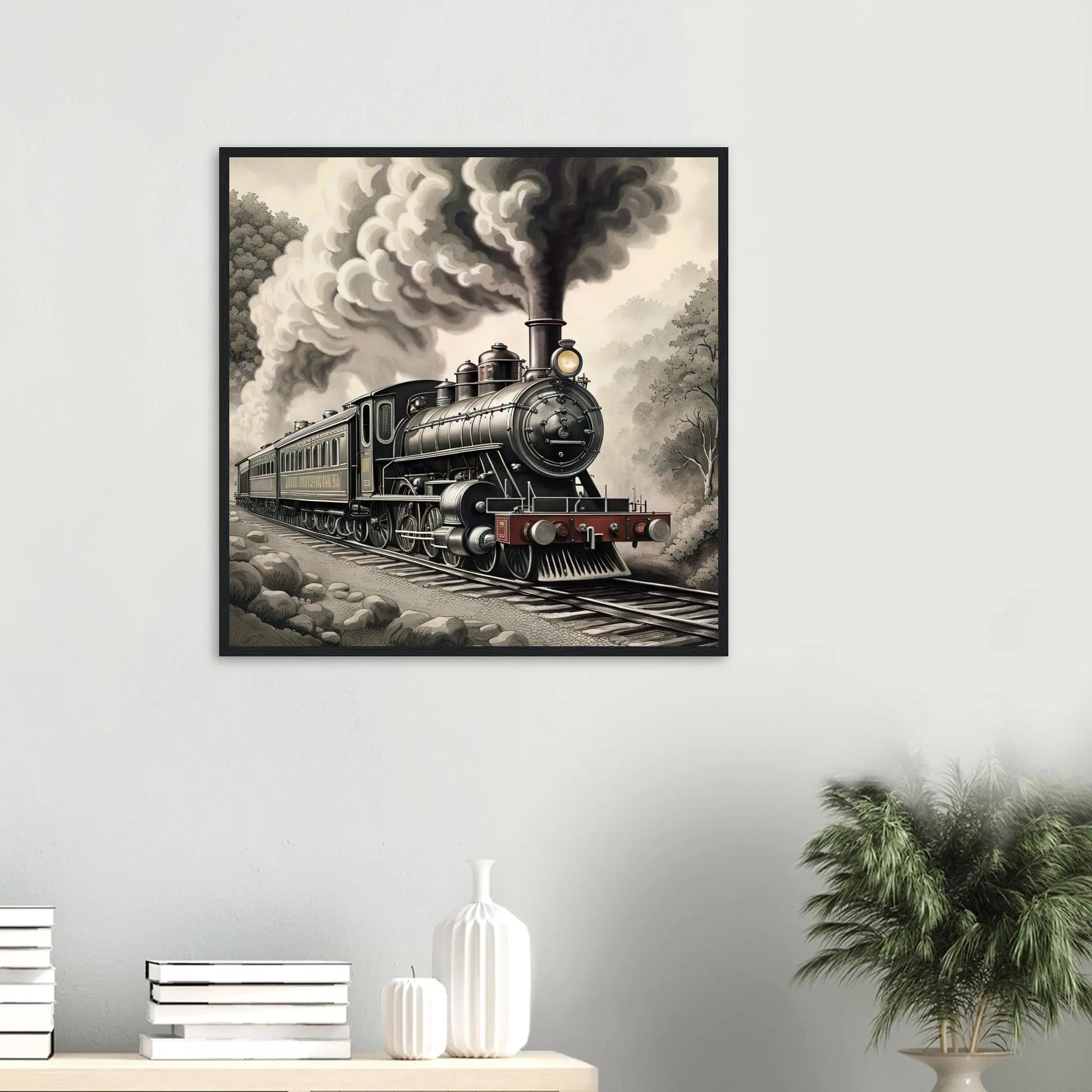 Gerahmtes Premium-Poster - Dampflokomotive - Schwarz-Weiß, KI-Kunst - RolConArt, Schwarz-Weiß mit Akzentfarben, 