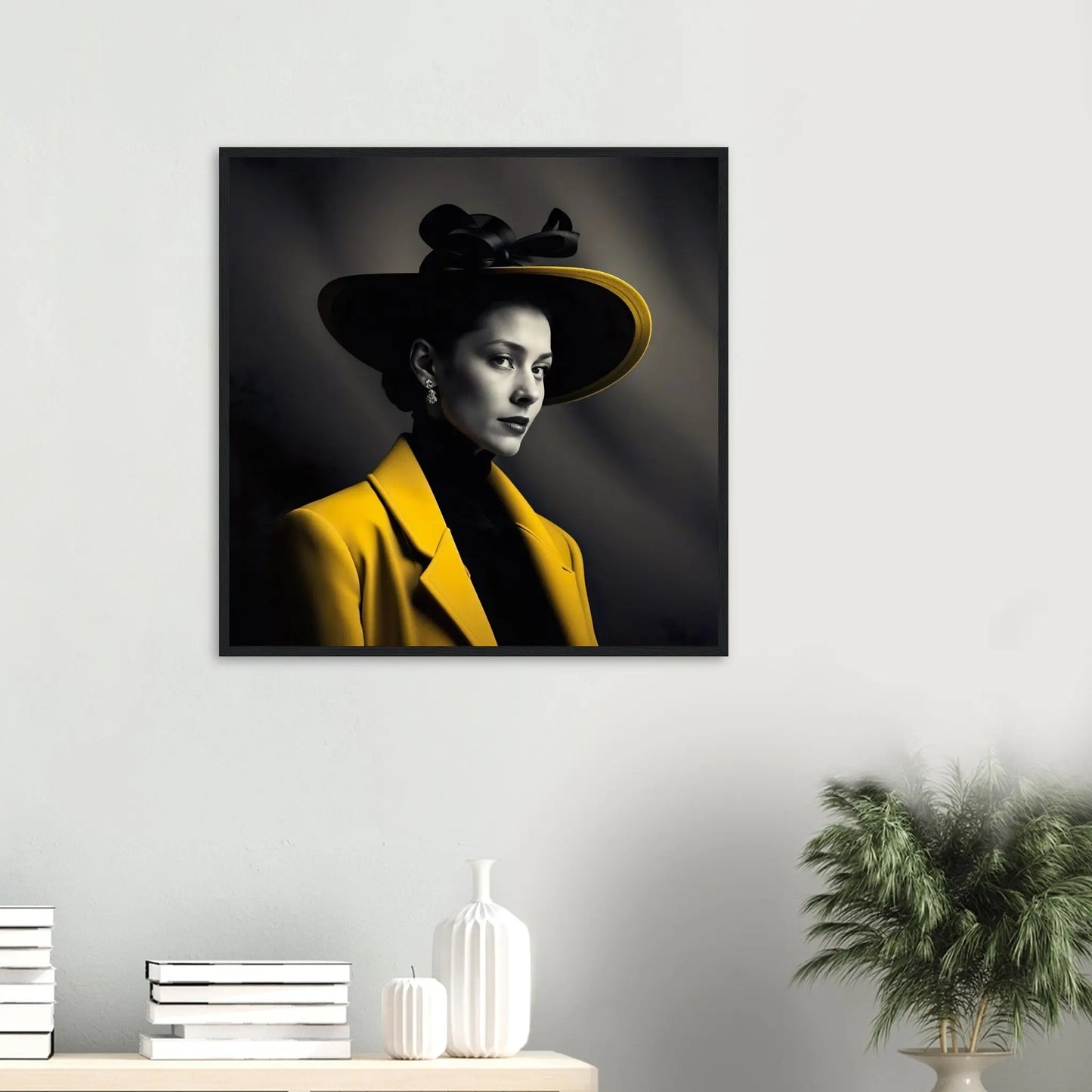 Gerahmtes Premium-Poster - Frau im gelben Mantel - Schwarz-Weiß, KI-Kunst - RolConArt, Schwarz-Weiß mit Akzentfarben, 