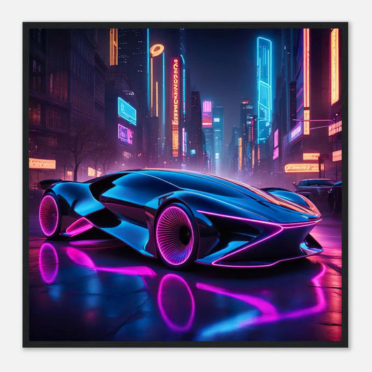 Gerahmtes Premium-Poster -Futuristisches Fahrzeug- Neon Stil, KI-Kunst - RolConArt, Neon, 70x70-cm-28x28-Schwarzer-Rahmen