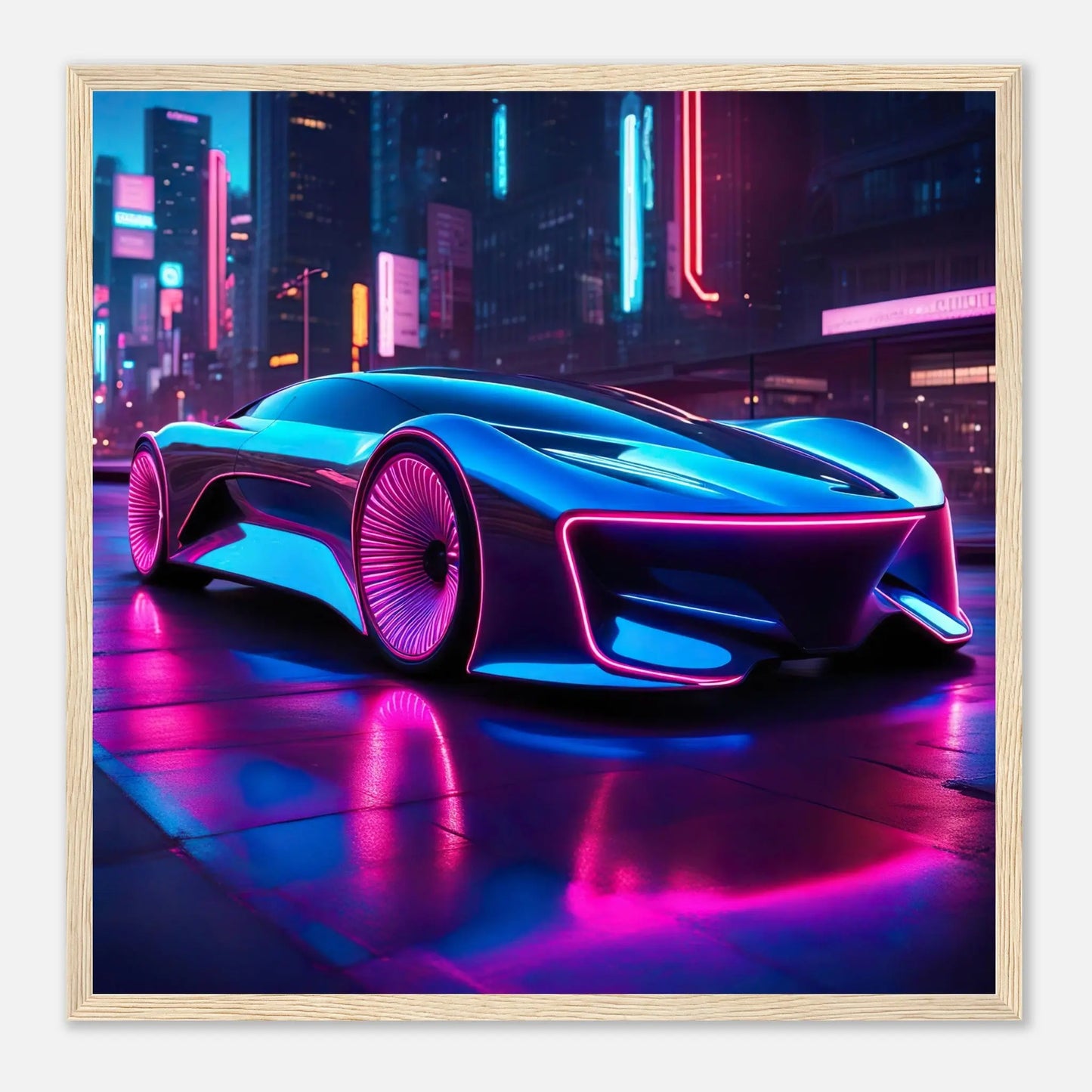 Gerahmtes Premium-Poster -Futuristisches Fahrzeug- Neon Stil, KI-Kunst - RolConArt, Neon, 50x50-cm-20x20-Holzrahmen