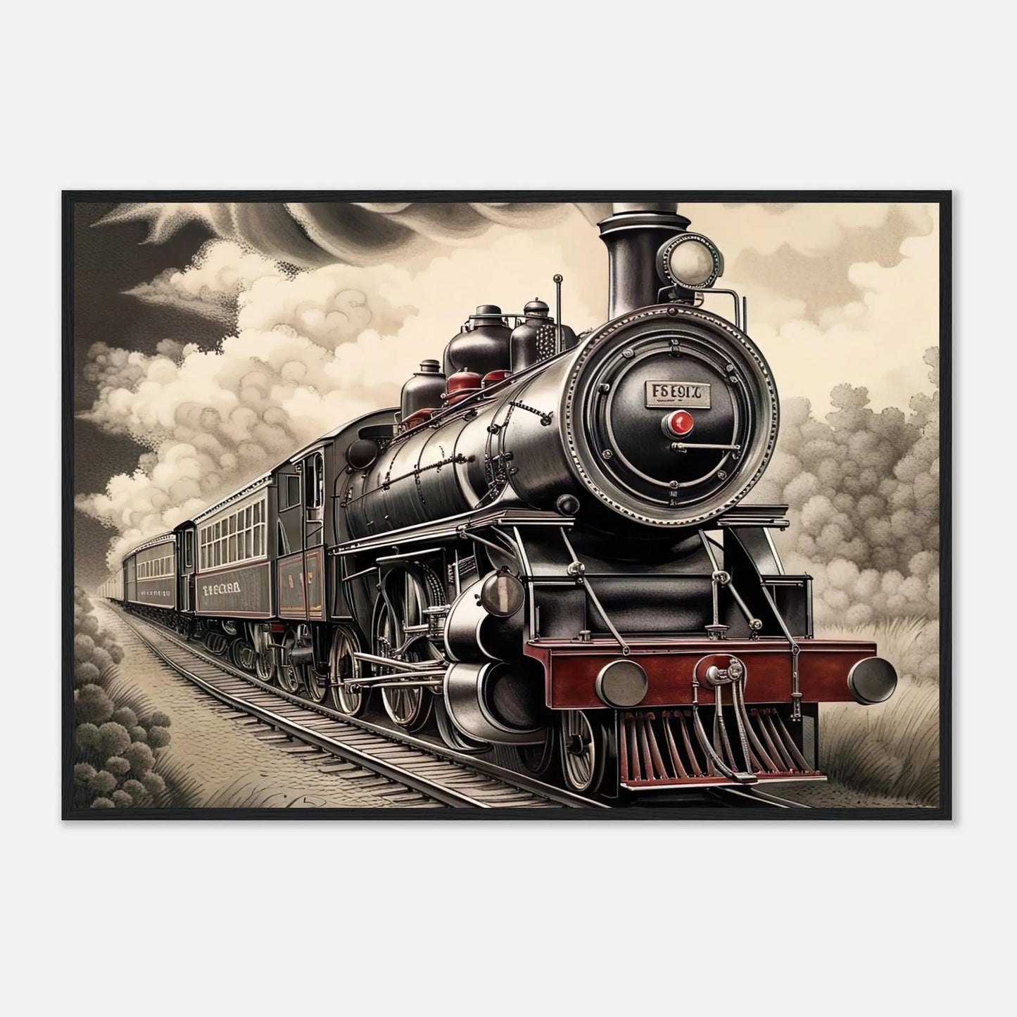 Gerahmtes Premium-Poster - Dampflokomotive - Schwarz-Weiß, KI-Kunst - RolConArt, Schwarz-Weiß mit Akzentfarben, 70x100-cm-28x40-Schwarzer-Rahmen