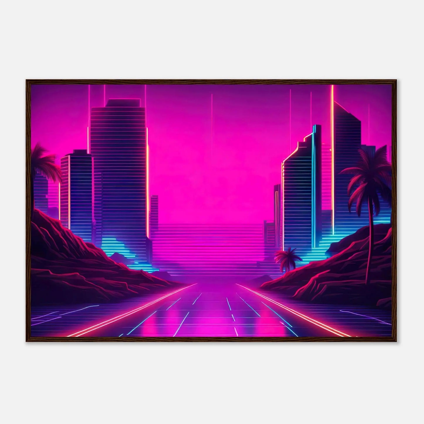 Gerahmtes Premium-Poster - Stadtlandschaft - Neon Stil, KI-Kunst - RolConArt, Neon, 70x100-cm-28x40-Dunkler-Holzrahmen