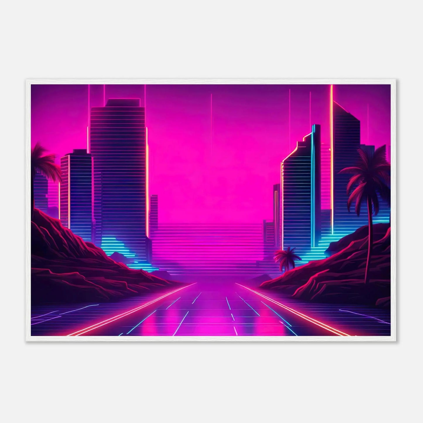 Gerahmtes Premium-Poster - Stadtlandschaft - Neon Stil, KI-Kunst - RolConArt, Neon, 70x100-cm-28x40-Weißer-Rahmen