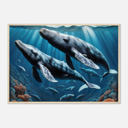 Gerahmtes Premium-Poster - Buckelwale - Digitaler Stil, KI-Kunst - RolConArt, Unterwasserlandschaften, 70x100-cm-28x40-Holzrahmen