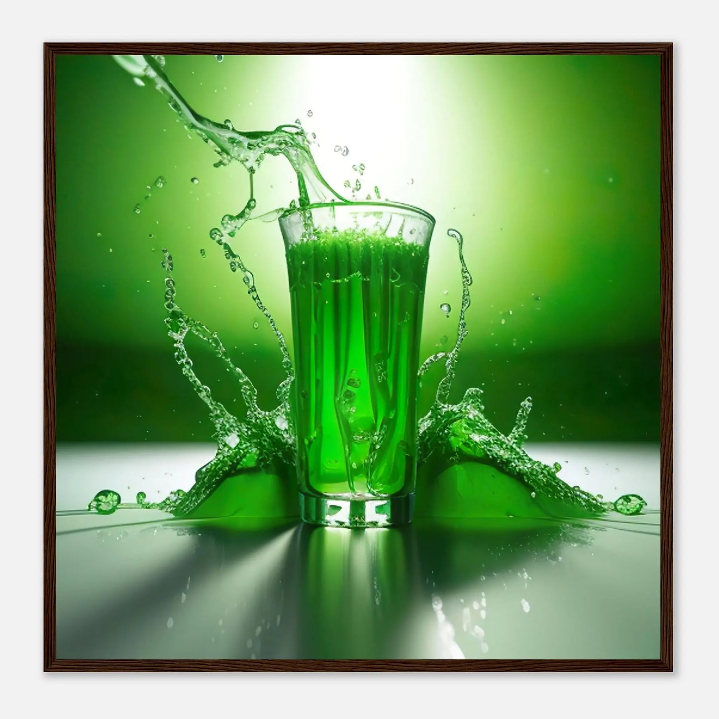 Gerahmtes Premium-Poster - Glas mit grünem Trank - Foto Stil, KI-Kunst - RolConArt, Kreative Vielfalt, 70x70-cm-28x28-Dunkler-Holzrahmen