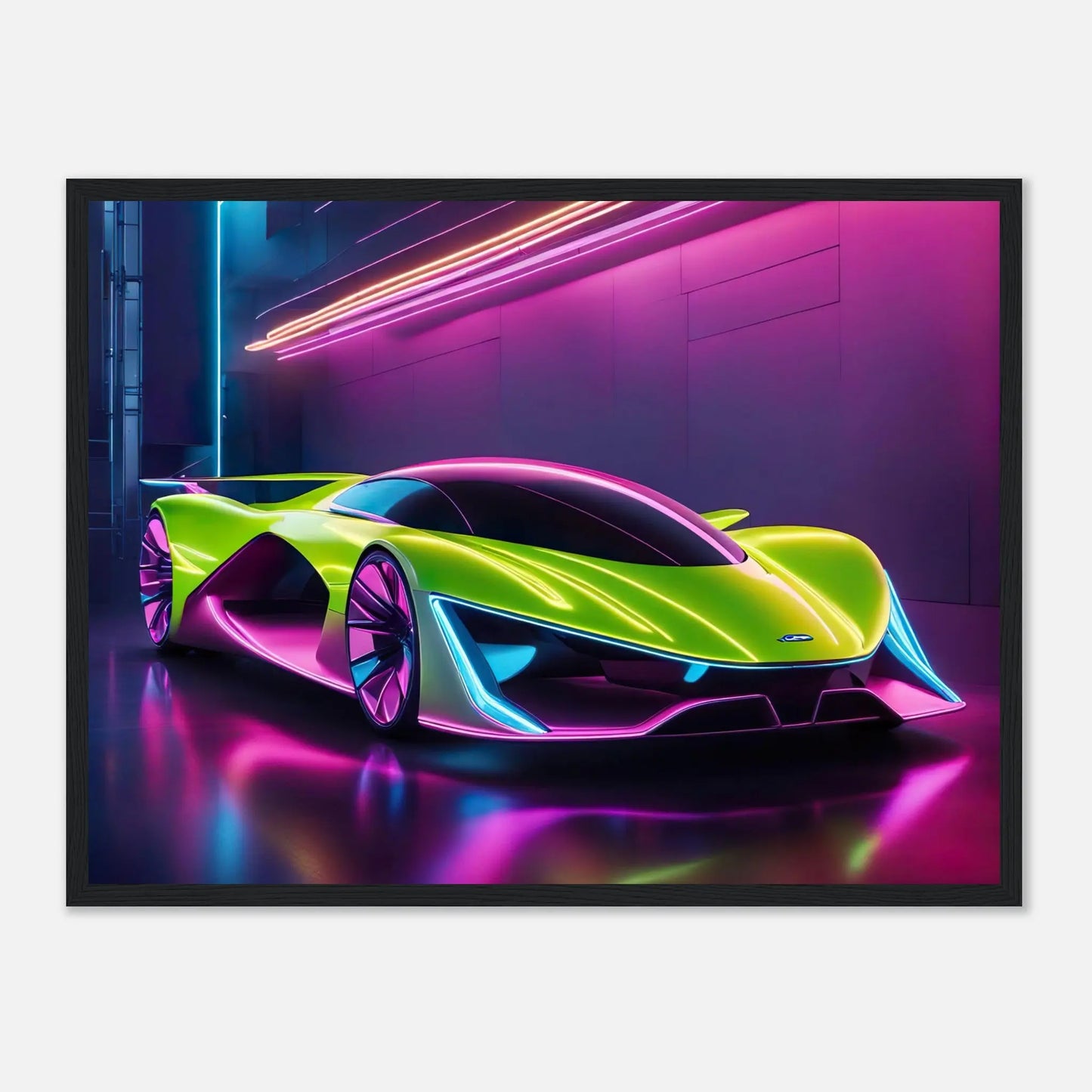 Gerahmtes Premium-Poster -Futuristisches Fahrzeug- Neon Stil, KI-Kunst - RolConArt, Neon, 45x60-cm-18x24-Schwarzer-Rahmen