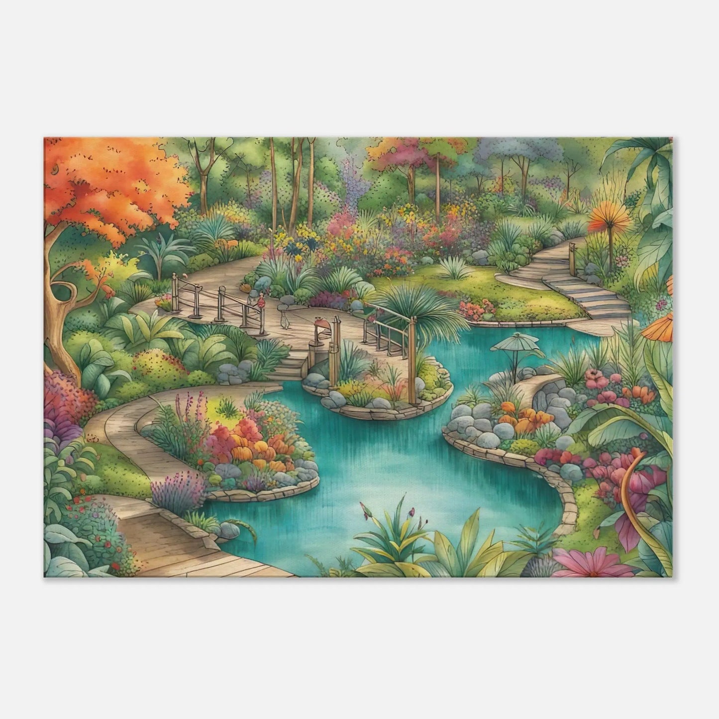 Leinwandbild - Garten mit Teich - Malerischer Stil, KI-Kunst - RolConArt, Landschaften, 70x100-cm-28x40