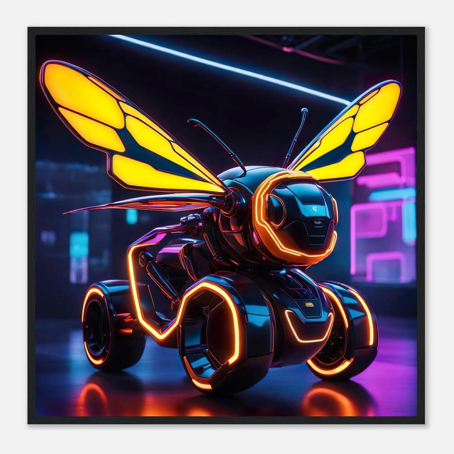 Gerahmtes Premium-Poster -Futuristischer Roboter- Neon Stil, KI-Kunst - RolConArt, Neon, 70x70-cm-28x28-Schwarzer-Rahmen
