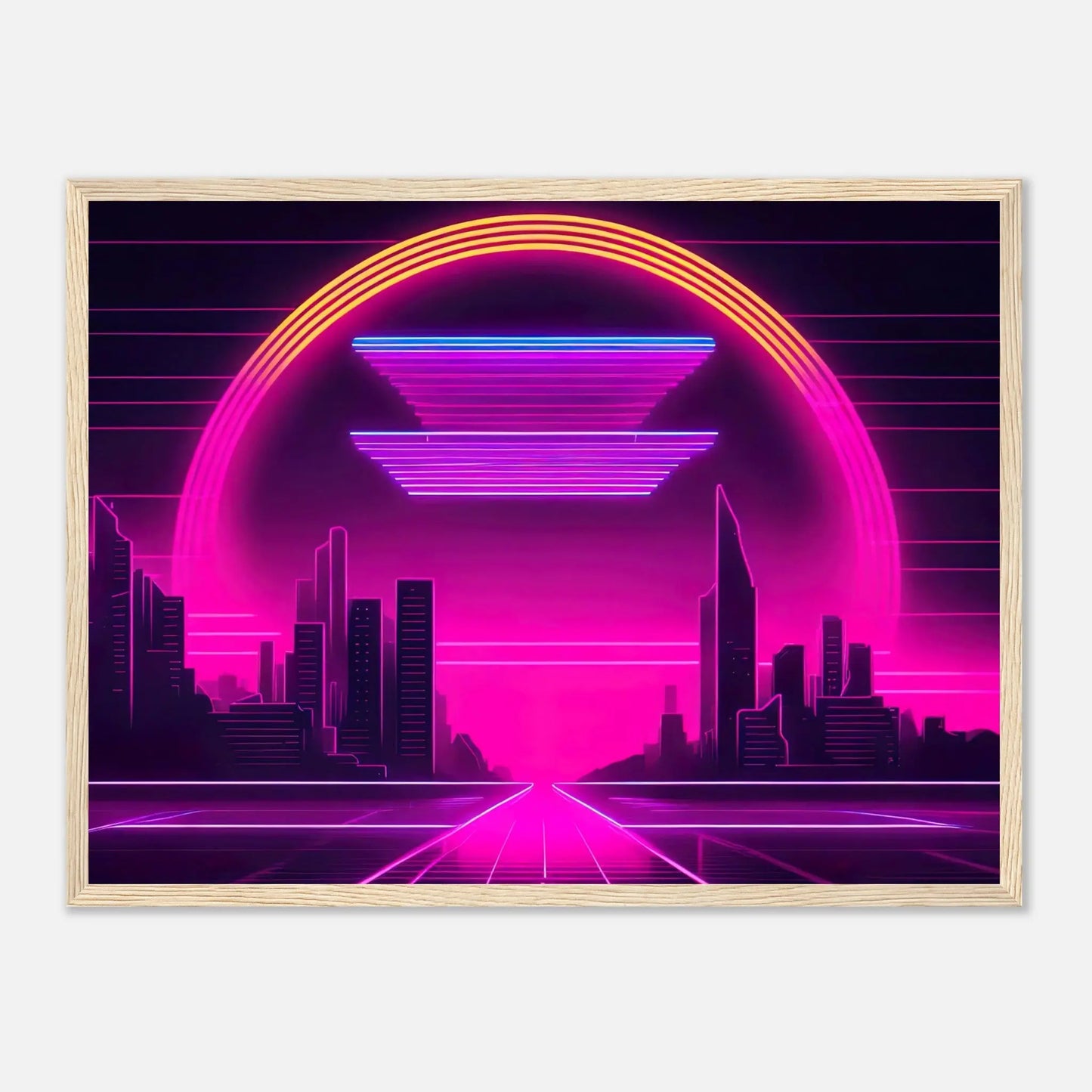 Gerahmtes Premium-Poster - Stadtlandschaft - Neon Stil, KI-Kunst - RolConArt, Neon, 45x60-cm-18x24-Holzrahmen