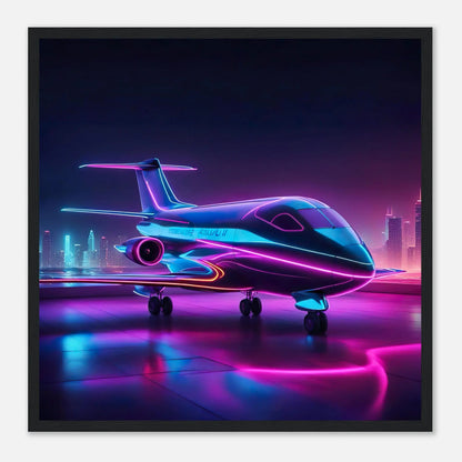 Gerahmtes Premium-Poster -Futuristisches Flugzeug- Neon Stil, KI-Kunst - RolConArt, Neon, 50x50-cm-20x20-Schwarzer-Rahmen