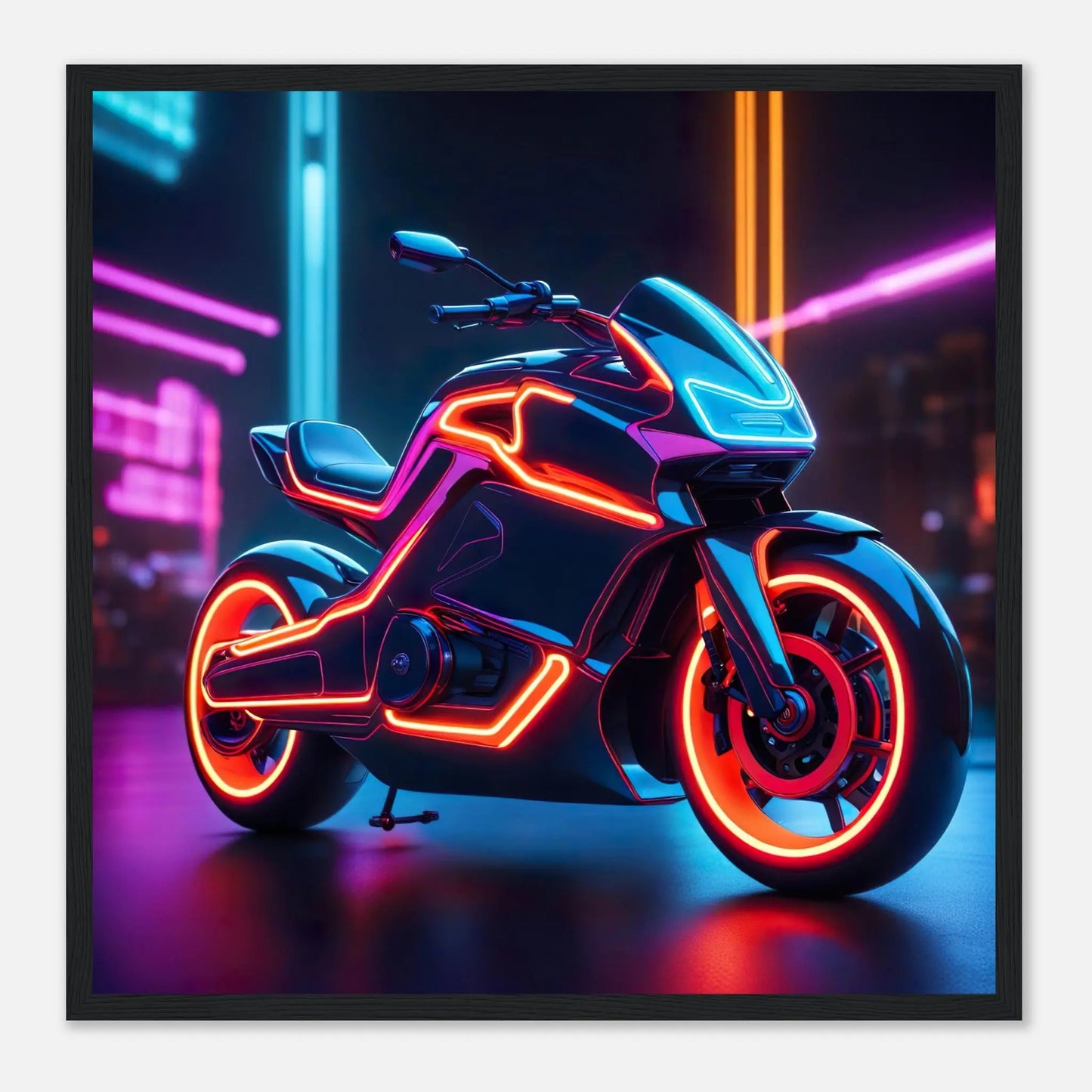 Gerahmtes Premium-Poster -Futuristisches Motorrad- Neon Stil, KI-Kunst - RolConArt, Neon, 50x50-cm-20x20-Schwarzer-Rahmen