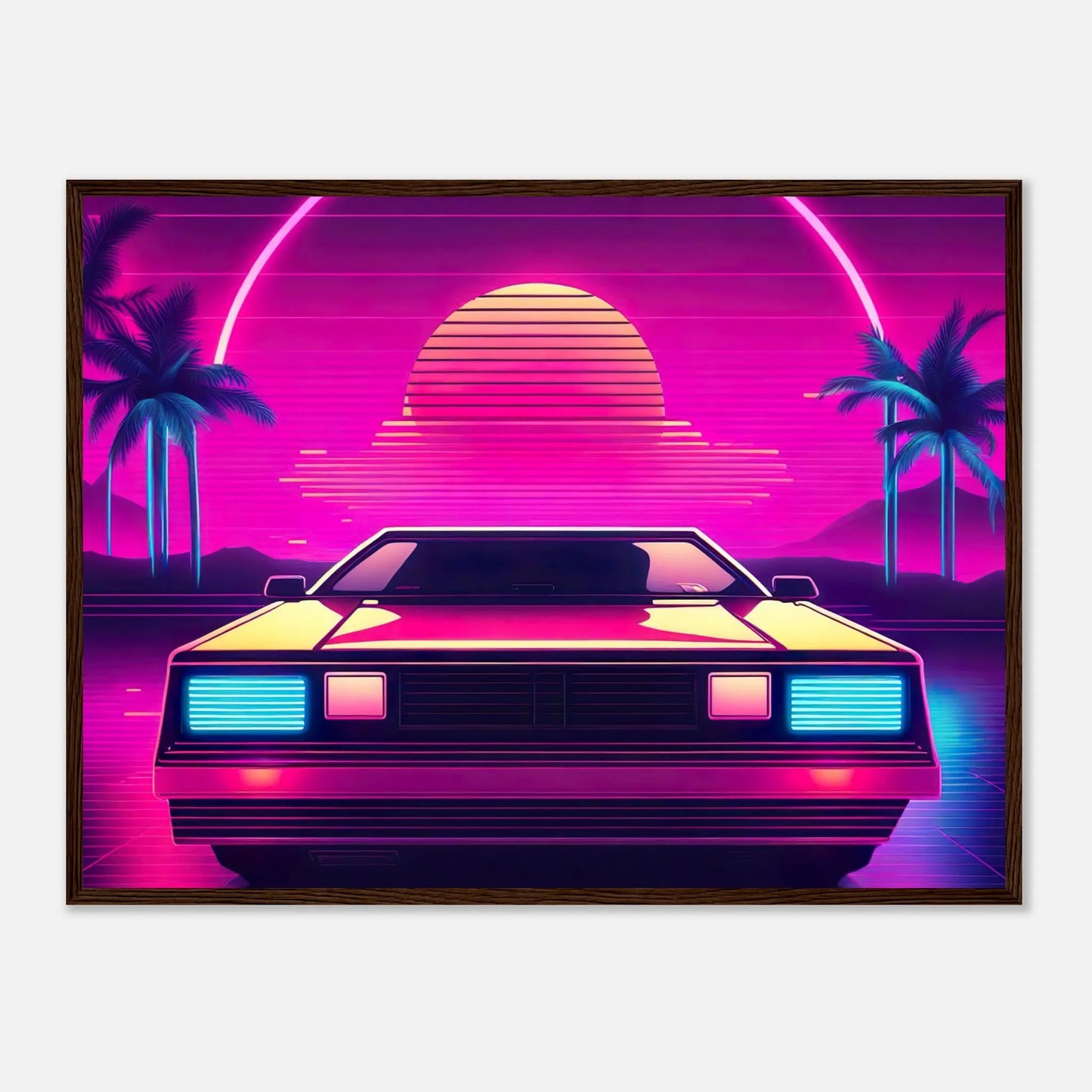 Gerahmtes Premium-Poster - Retro Auto - Neon Stil, KI-Kunst - RolConArt, Neon, 60x80-cm-24x32-Dunkler-Holzrahmen