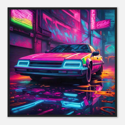 Gerahmtes Premium-Poster - Retro Auto - Neon Stil, KI-Kunst - RolConArt, Neon, 70x70-cm-28x28-Schwarzer-Rahmen