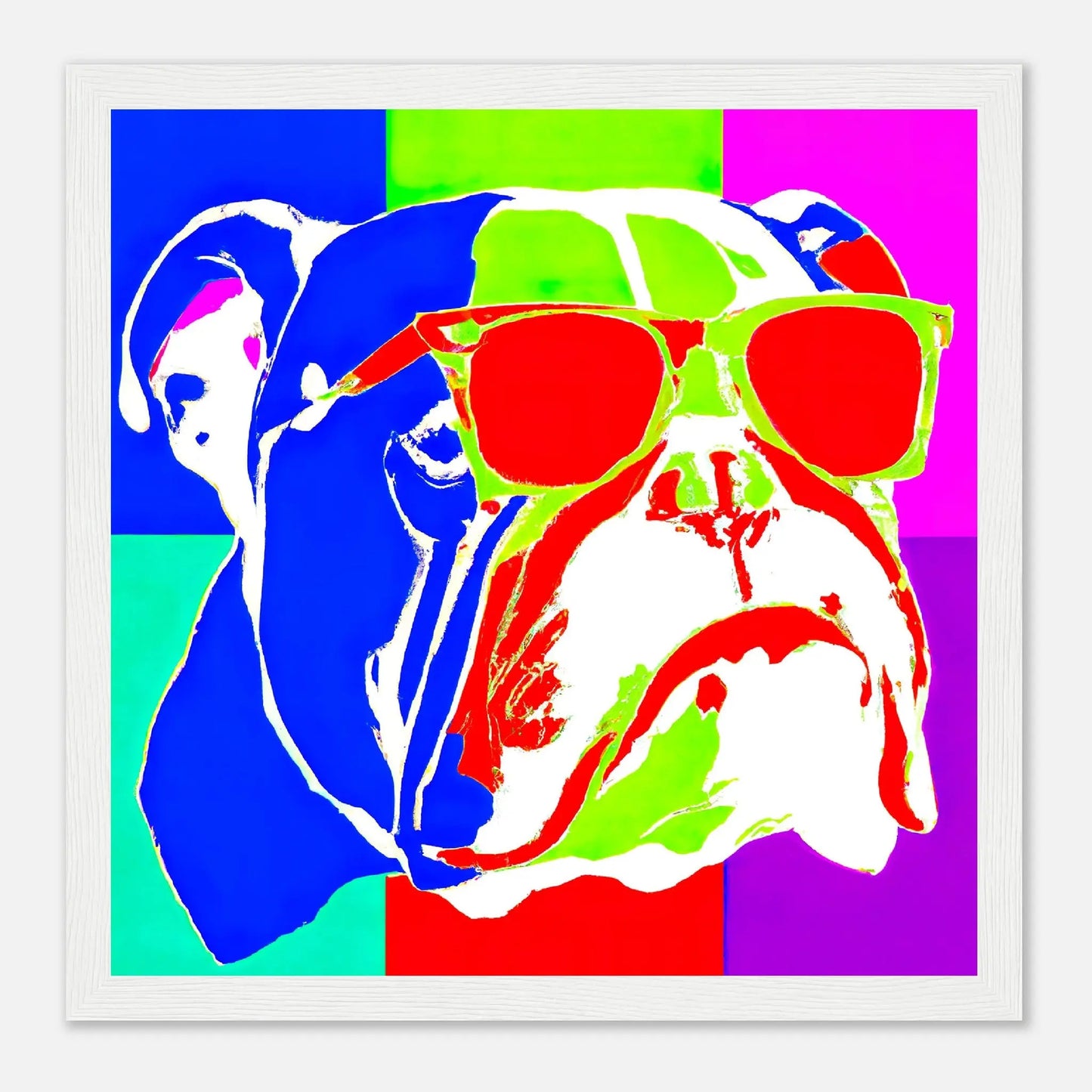 Gerahmtes Premium-Poster - Englische Bulldogge - Pop Art Stil, KI-Kunst - RolConArt, Pop Art - Tiere, 30x30-cm-12x12-Weiß