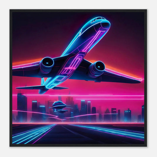 Gerahmtes Premium-Poster -Futuristisches Flugzeug- Neon Stil, KI-Kunst - RolConArt, Neon, 70x70-cm-28x28-Schwarzer-Rahmen