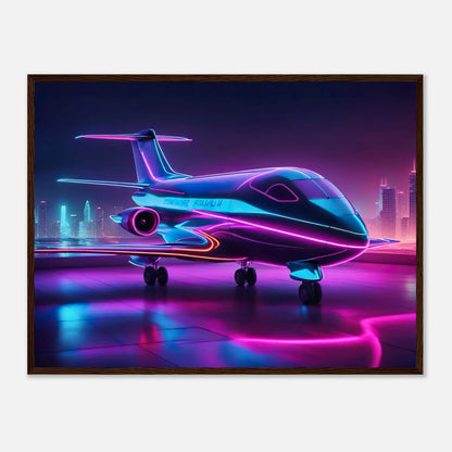 Gerahmtes Premium-Poster -Futuristisches Flugzeug- Neon Stil, KI-Kunst - RolConArt, Neon, 60x80-cm-24x32-Dunkler-Holzrahmen