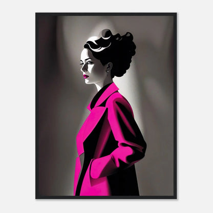 Gerahmtes Premium-Poster - Frau im rosa Mantel - Schwarz-Weiß, KI-Kunst - RolConArt, Schwarz-Weiß mit Akzentfarben, 60x80-cm-24x32-Schwarzer-Rahmen