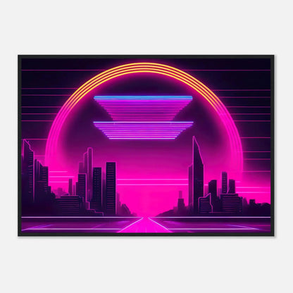 Gerahmtes Premium-Poster - Stadtlandschaft - Neon Stil, KI-Kunst - RolConArt, Neon, 70x100-cm-28x40-Schwarzer-Rahmen