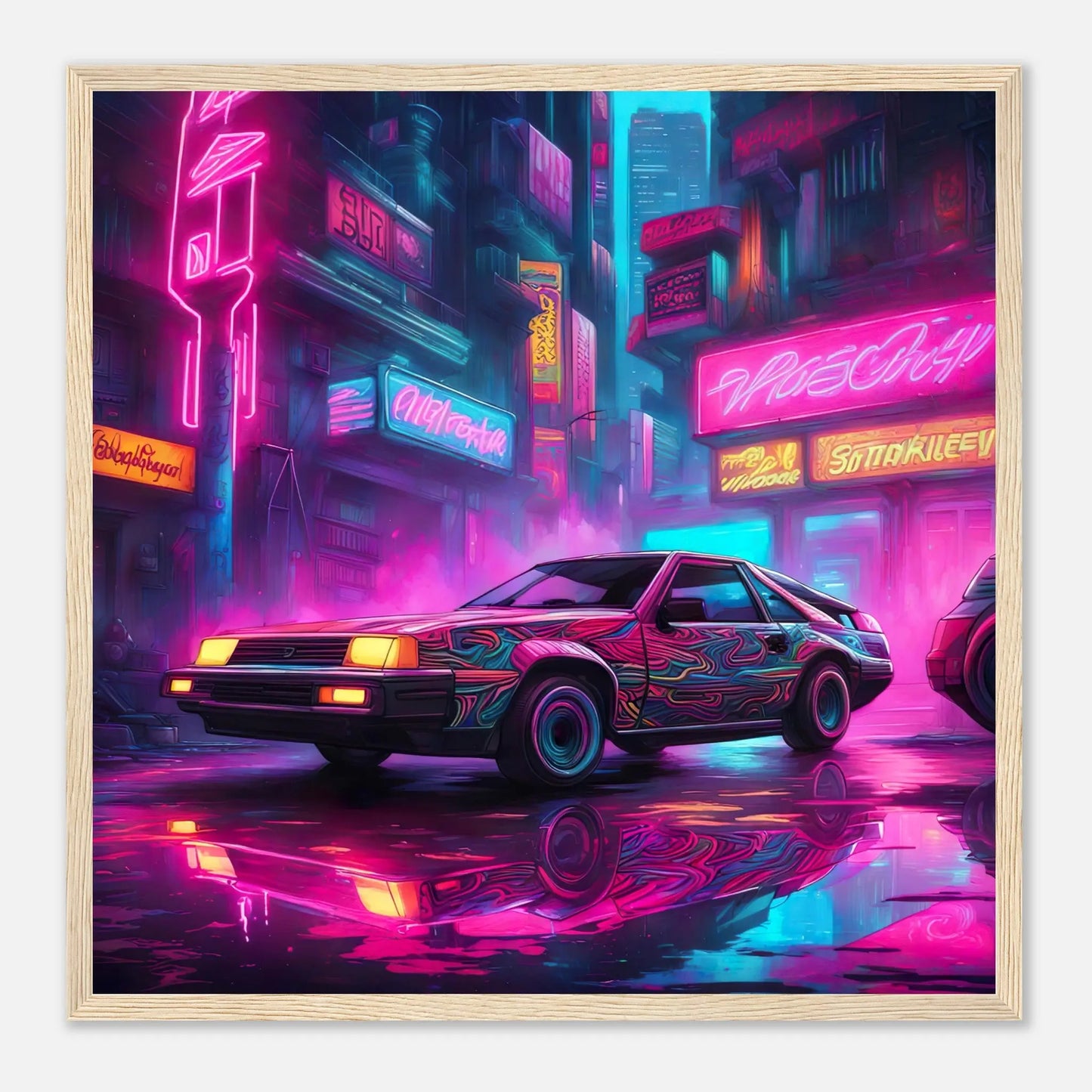 Gerahmtes Premium-Poster - Retro Auto - Neon Stil, KI-Kunst - RolConArt, Neon, 50x50-cm-20x20-Holzrahmen