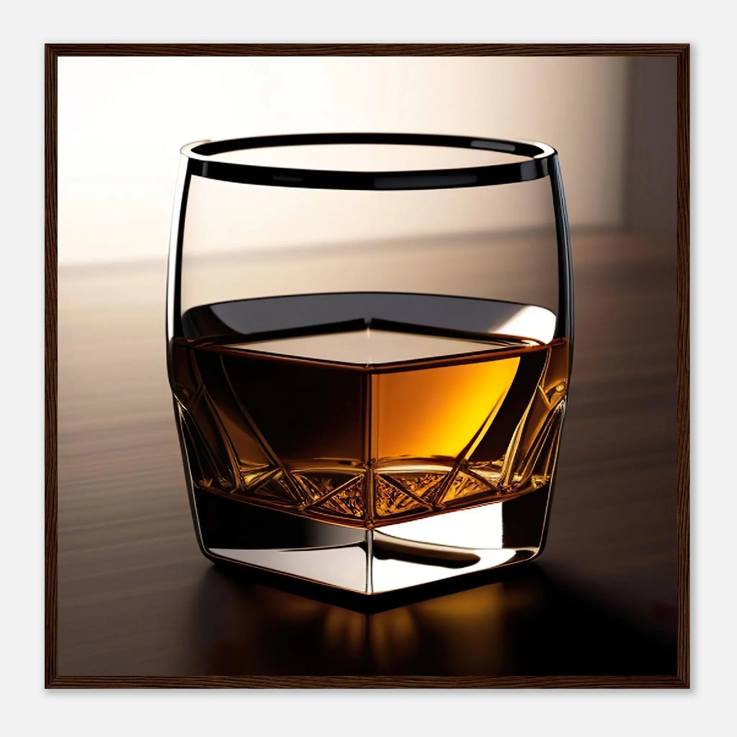 Gerahmtes Premium-Poster - Whiskey im Glas - Foto Stil, KI-Kunst - RolConArt, Kreative Vielfalt, 70x70-cm-28x28-Dunkler-Holzrahmen