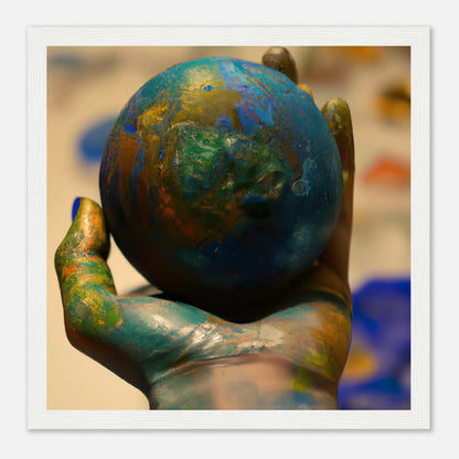 Gerahmtes Premium-Poster - Planet in der Hand - Foto Stil, KI-Kunst - RolConArt, Fotokunst - Kreative Vielfalt, 30x30-cm-12x12-Weiß