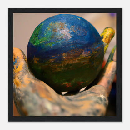 Gerahmtes Premium-Poster - Planet in der Hand - Foto Stil, KI-Kunst - RolConArt, Fotokunst - Kreative Vielfalt, 30x30-cm-12x12-Schwarz