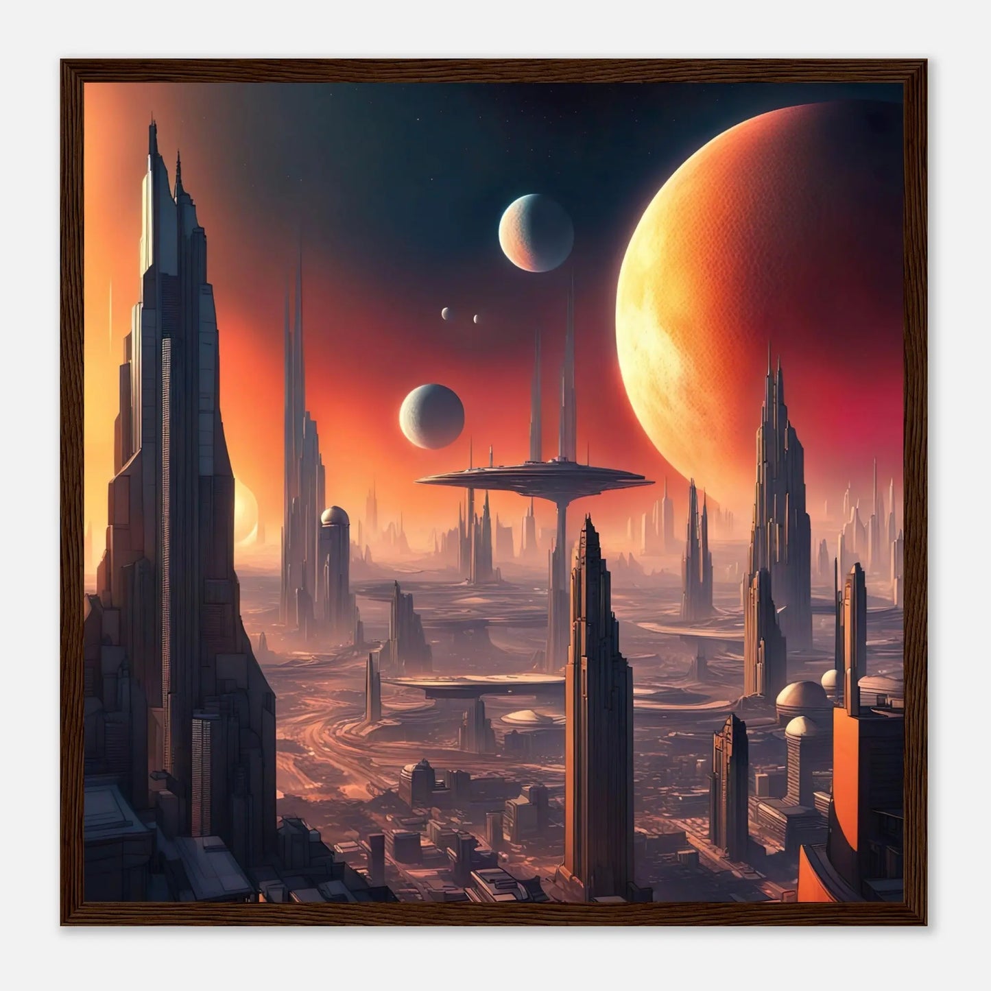 Gerahmtes Premium-Poster -Futuristische Welt- Digitaler Stil, KI-Kunst - RolConArt, Sci-Fi, 50x50-cm-20x20-Dunkler-Holzrahmen