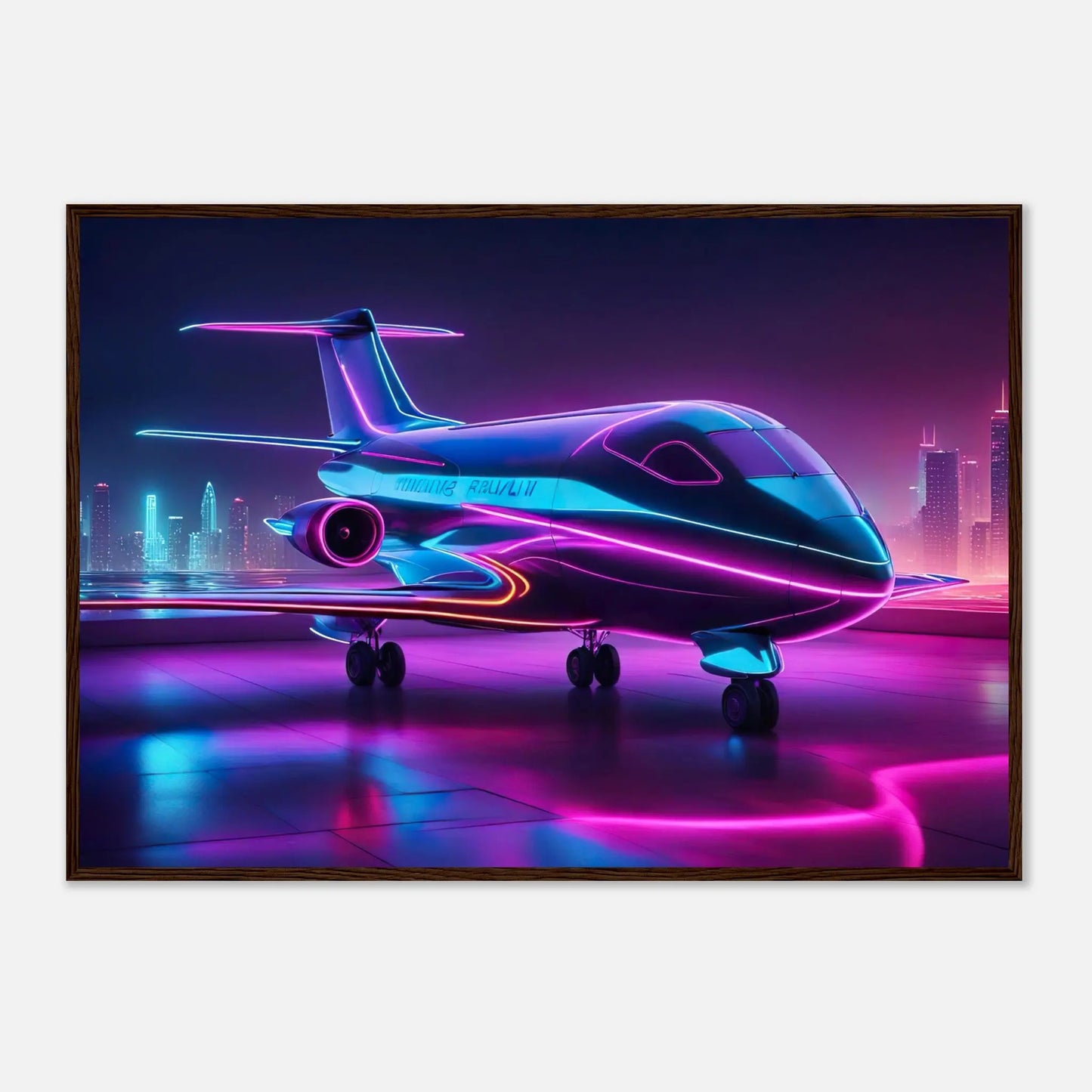 Gerahmtes Premium-Poster -Futuristisches Flugzeug- Neon Stil, KI-Kunst - RolConArt, Neon, 70x100-cm-28x40-Dunkler-Holzrahmen