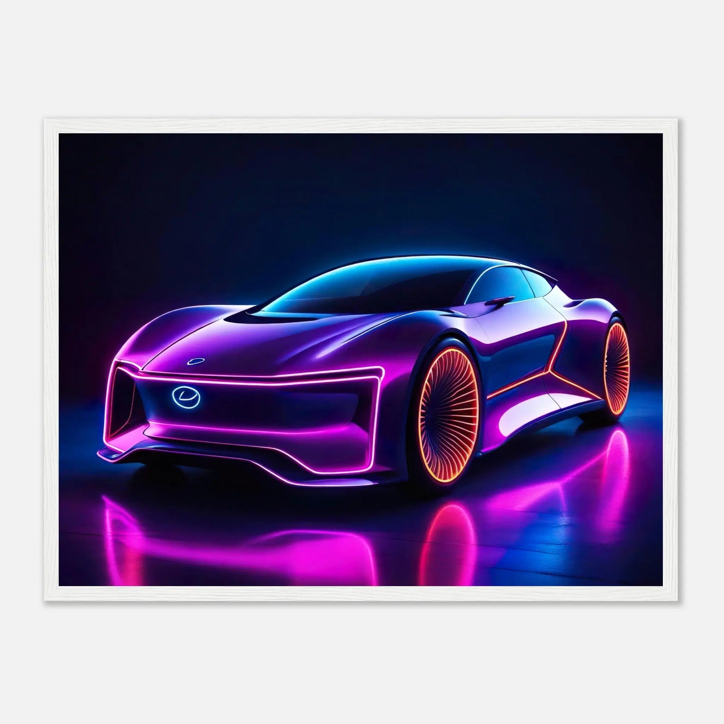 Gerahmtes Premium-Poster -Futuristisches Fahrzeug- Neon Stil, KI-Kunst - RolConArt, Neon, 45x60-cm-18x24-Weißer-Rahmen