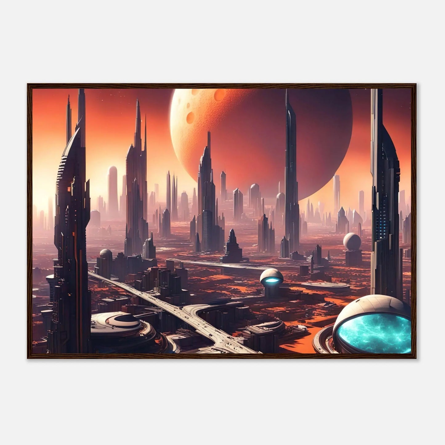 Gerahmtes Premium-Poster -Futuristische Welt- Digitaler Stil, KI-Kunst - RolConArt, Sci-Fi, 70x100-cm-28x40-Dunkler-Holzrahmen