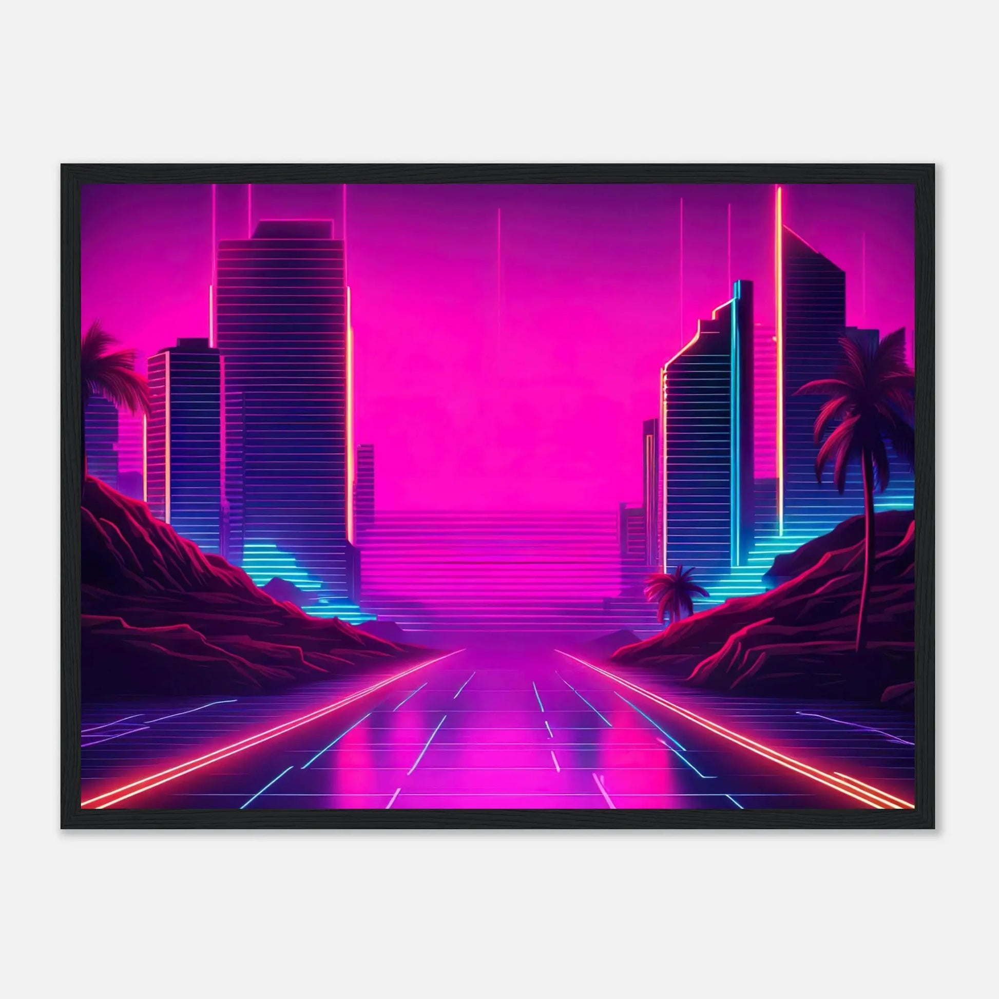 Gerahmtes Premium-Poster - Stadtlandschaft - Neon Stil, KI-Kunst - RolConArt, Neon, 45x60-cm-18x24-Schwarzer-Rahmen